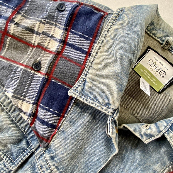 Sleeveless Unisex Denim Jacket with Flannel Details