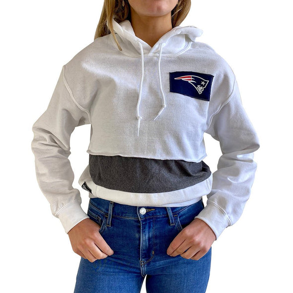 New England Patriots Women's Hooded Crop Sweatshirt - Black/White/Grey
