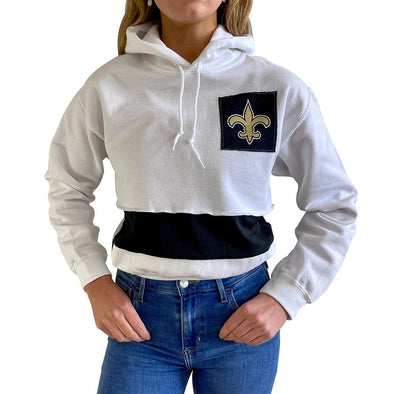 New Orleans Saints Women's Hooded Crop Sweatshirt - Black/White/Grey