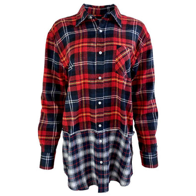 Long Split Flannel Button Down - Red/White