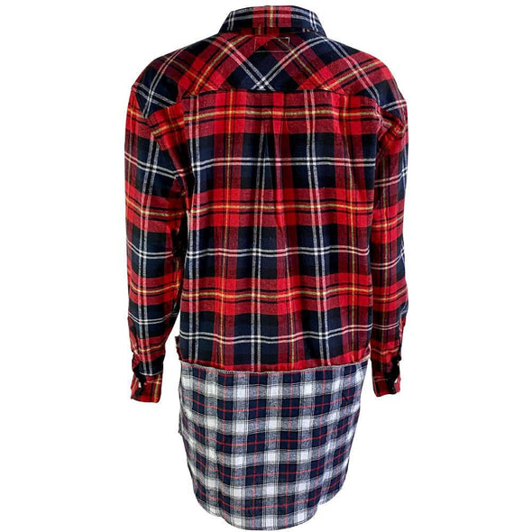 Long Split Flannel Button Down - Red/White